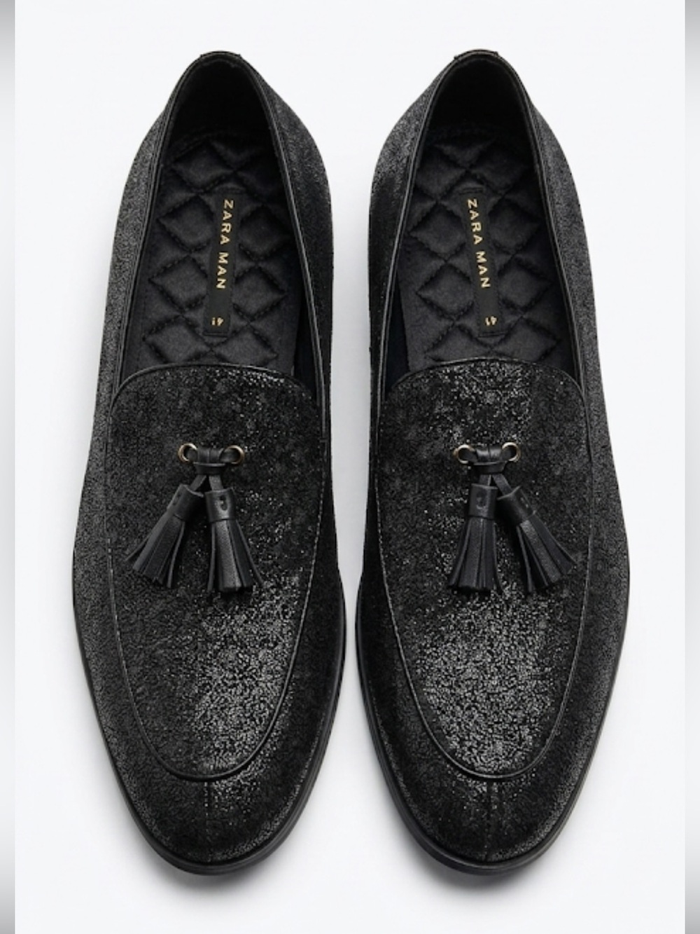 Zara Black Textured Tassel Slip On Loafers
